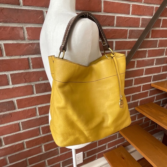 RABEANCO ITALY 100% GENUINE LEATHER TOTE SHOULDER HANDBAG YELLOW BROWN - Picture 1 of 11